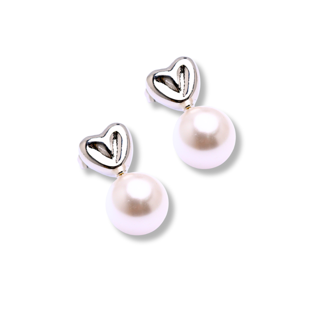 20871 Aretes de Corazon Silver Con Perla 12mm